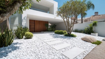 Modern house entrance with white pebbles and paving stones
