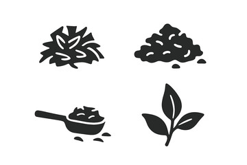 Tea leaf icons glyph set. Loose leaf tea, dried herbs, botanical sprig and tea scoop solid silhouette. Vector graphic elements for tea house menu, organic beverage, matcha.