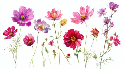 A collection of beautifully painted flowers in various colors and styles, featuring pink, purple, and red blooms with delicate green stems