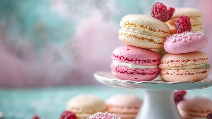 Macarons stacked on plate with colorful background for dessert bakery lifestyle concept