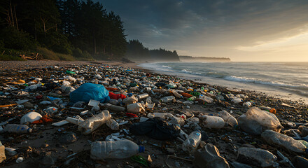 Heavily Polluted Beach with Garbage and Plastic Waste