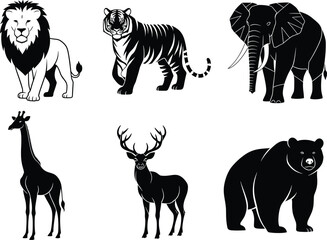 Wild animal silhouette vector set, lion, tiger, elephant, giraffe, deer, bear, black and white wildlife illustration, isolated graphic design