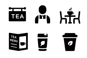 Tea shop glyph icon set. Cafe and coffee house concept. Solid fill vector icons. Barista, tea menu, to-go cup, table, sign. Beverage and drink symbols for web and app.