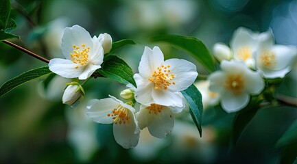 Fototapeta premium Delicate white jasmine blossoms on a branch (1)