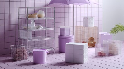 Pink futuristic room with geometric blocks and lighting for abstract modern lifestyle concept