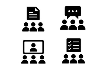 Team collaboration icons set. Solid glyph pictograms for business communication. Teamwork concept with shared documents, group chat, video conference, webinar and task management.