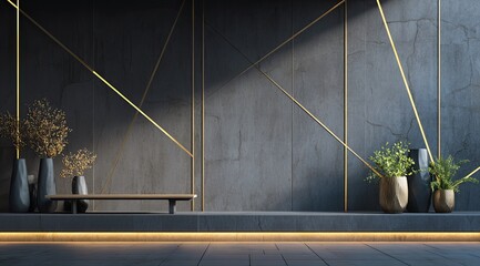 Modern minimalist interior design featuring a dark gray concrete wall accented with gold lines, illuminated by natural light.  Vases and a wooden bench are situated on a light gray stone platform