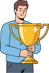 Fototapeta premium Happy man holding a golden trophy cup for victory winner success achievement award