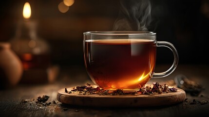 Cup of hot tea with herbs on wooden surface for beverage lifestyle wellness background concept