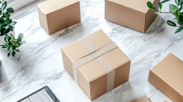 Cardboard boxes with string on marble surface for ecommerce delivery logistics lifestyle background concept