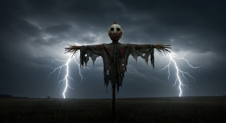 Scary scarecrow standing in a field during a lightning storm, creating a frightening atmosphere.