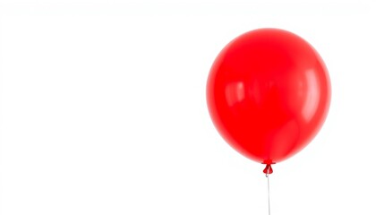 Isolated single red balloon floating against a white background in a studio shot with a long string