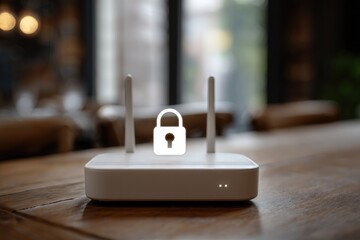 A white wireless router sits on a wooden table, with a padlock icon overlaid, suggesting security