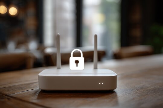 A white wireless router sits on a wooden table, with a padlock icon overlaid, suggesting security