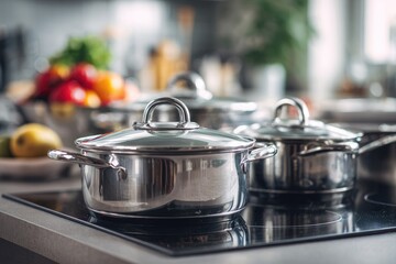 Stainless steel cookware on a modern stovetop.  Fresh produce in the background