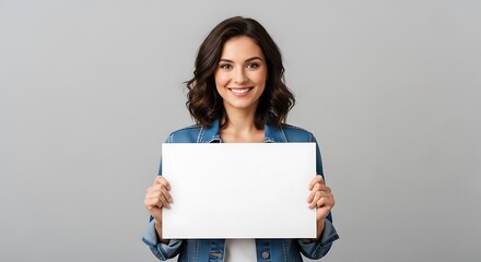 Naklejka premium Smiling Woman Holding Blank Sign.