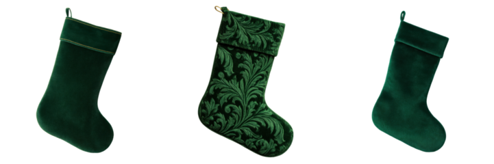Decorative green velvet christmas stockings holiday isolated on transparent background