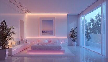 Modern, minimalist bedroom bathed in soft pink light