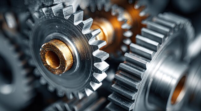Close-up of interlocking metal gears.  Precision machinery components