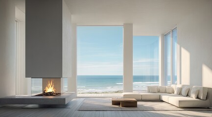 Modern, bright living room with ocean view
