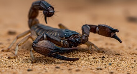 A menacing scorpion, with its stinger poised, showcases nature's deadly beauty on the sandy desert floor.