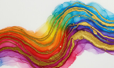 Gold and Rainbow Swirls on White Canvas