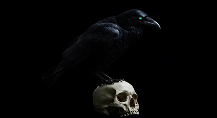 Naklejka premium A raven perched on a skull with luminous eyes, surrounded by stark darkness, creating a macabre atmosphere.