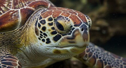 Fototapeta premium Close-up of a sea turtle's face with a patterned shell, focusing on detail and texture under the water.
