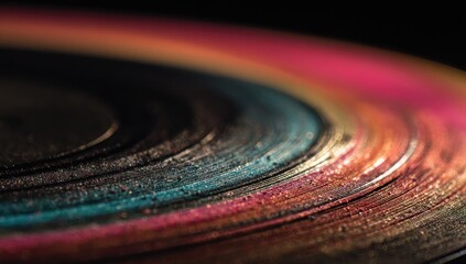 Close-up of layered, colorful vinyl discs