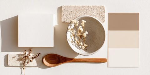 Beige and white aesthetic flatlay.  Natural elements like dried flowers, a wooden spoon, and textured beige objects are arranged on a white surface, showcasing a neutral color palette
