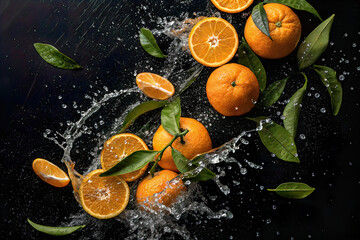 Splashes of Fresh Oranges with Green Leaves on a Black Background Creating a Vibrant Display