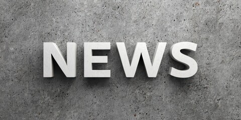Fototapeta premium Modern minimalist 3D NEWS letters on white reflective surface with concrete wall background. Clean, professional, monochromatic industrial news concept design.