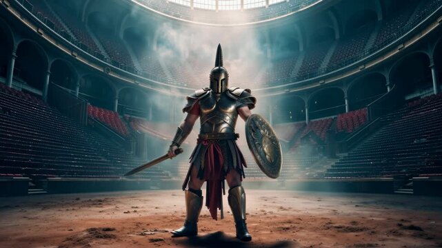 Mysterious gladiator with sword and shield stands in battle arena