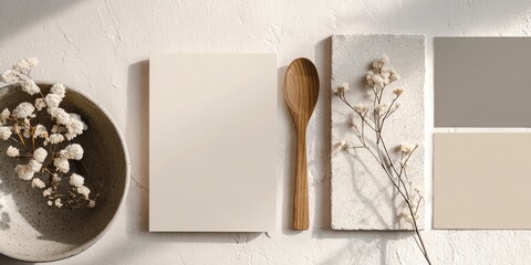 Minimalist aesthetic flat lay featuring a cream-colored card, wooden spoon, dried flowers, and neutral color palette swatches