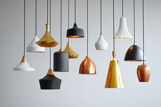 Assorted modern pendant lights hanging from ceiling