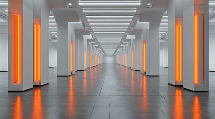 Empty, modern corridor lit by orange tubes