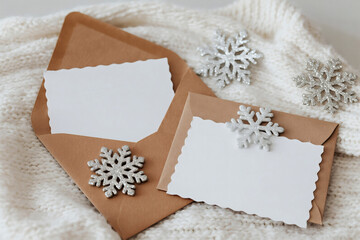 envelop paper notebook wood winter snowflake pinecone pine tree decoration frame photos greeting cards mockup photo E-commerce marketing poster Background shooting scene