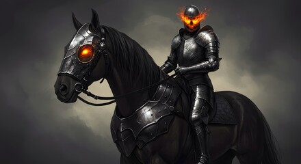 Fototapeta premium A spectral knight with a flaming skull rides a black horse into battle, armored against a dark backdrop.