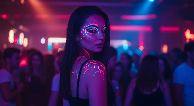 Woman with neon face paint at a vibrant nightclub, surrounded by dancing partygoers, bathed in colorful lights. - Powered by Adobe