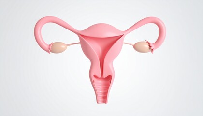 Anatomical model showing the female reproductive system with uterus, fallopian tubes, and ovaries on a white background.