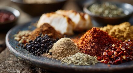 Assorted spices arranged on a dark plate, with pieces of roasted chicken visible