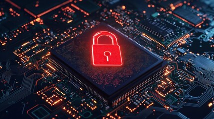 Exploring the Interconnected World of Cybersecurity Through a Futuristic Red Padlock on a Circuit