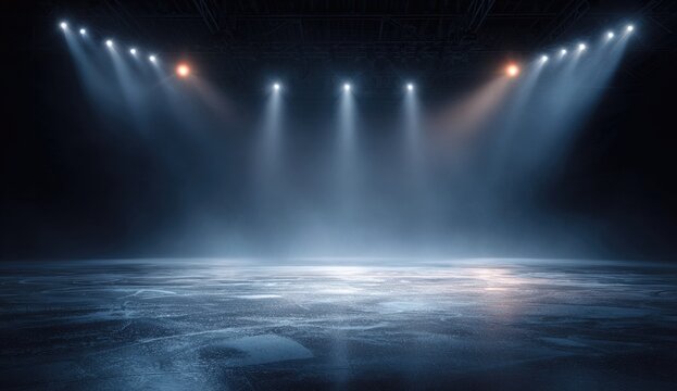 Empty stage lit by spotlights, dark background, textured floor