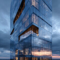 Modern skyscraper facade at twilight
