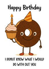 Happy Birthday donut card with cupcake and candle.