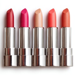Lipsticks of different colors are neatly arranged, exhibiting a range of shades from soft to dramatic tones, designed to boost beauty and facilitate self-expression