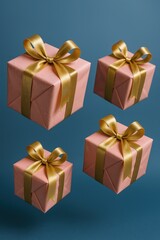 A realistic 3D pink gift box with golden ribbons, isolated on a blue background, rendered as a modern holiday surprise, serves as festive decorative 3D vector decor