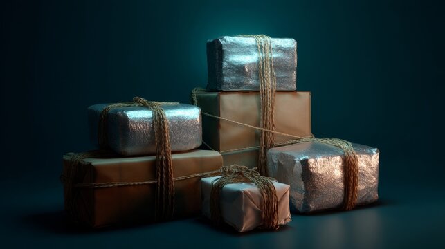 Stacked cardboard gift boxes wrapped with string packaging logistics storage commerce concept image