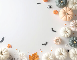 Obraz premium Pastel Halloween background with pumpkins, bats, and autumn leaves