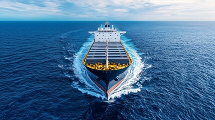 Large cargo ship powered by biomass maritime fuel, sailing across ocean with concept of clean shipping decarbonization.